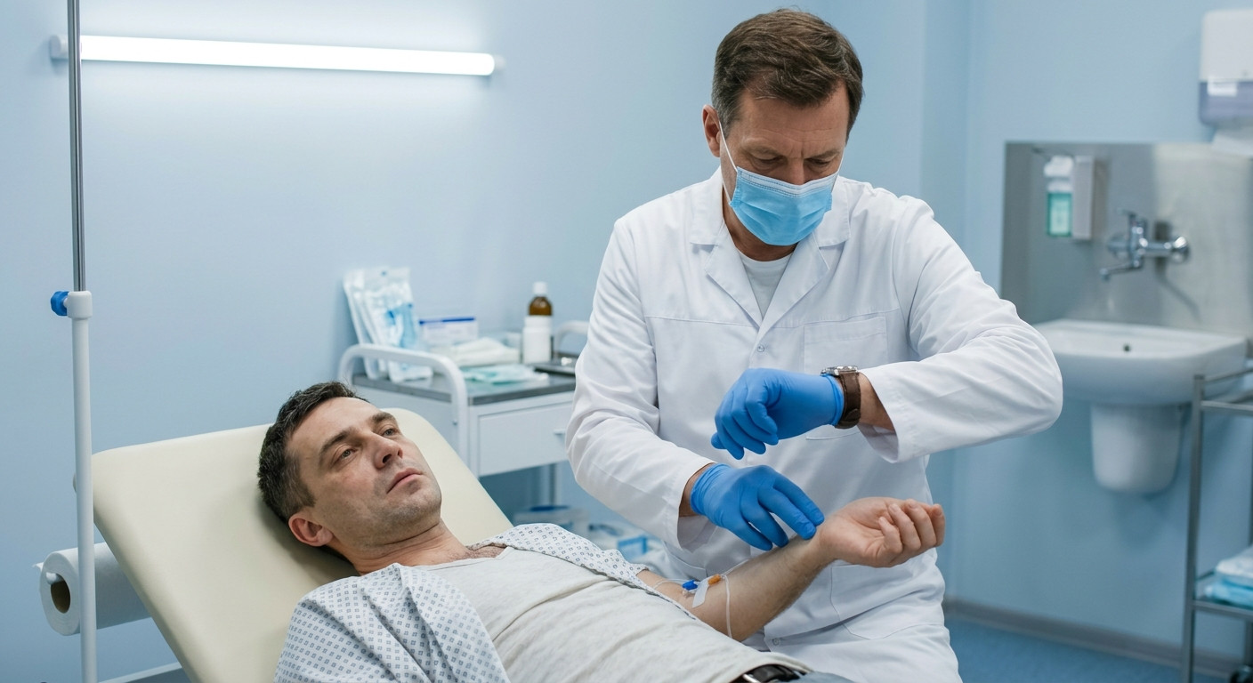 Врач проверяет жизненные показатели пациента при выводе из запоя